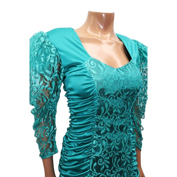 Mavens of California Vintage Body Con 80s Ruche Party Dress Puff Lace Sleeve 7 - Picture 8 of 10